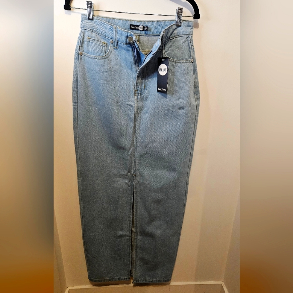 Boohoo 
Tall denim split front maxi Skirt